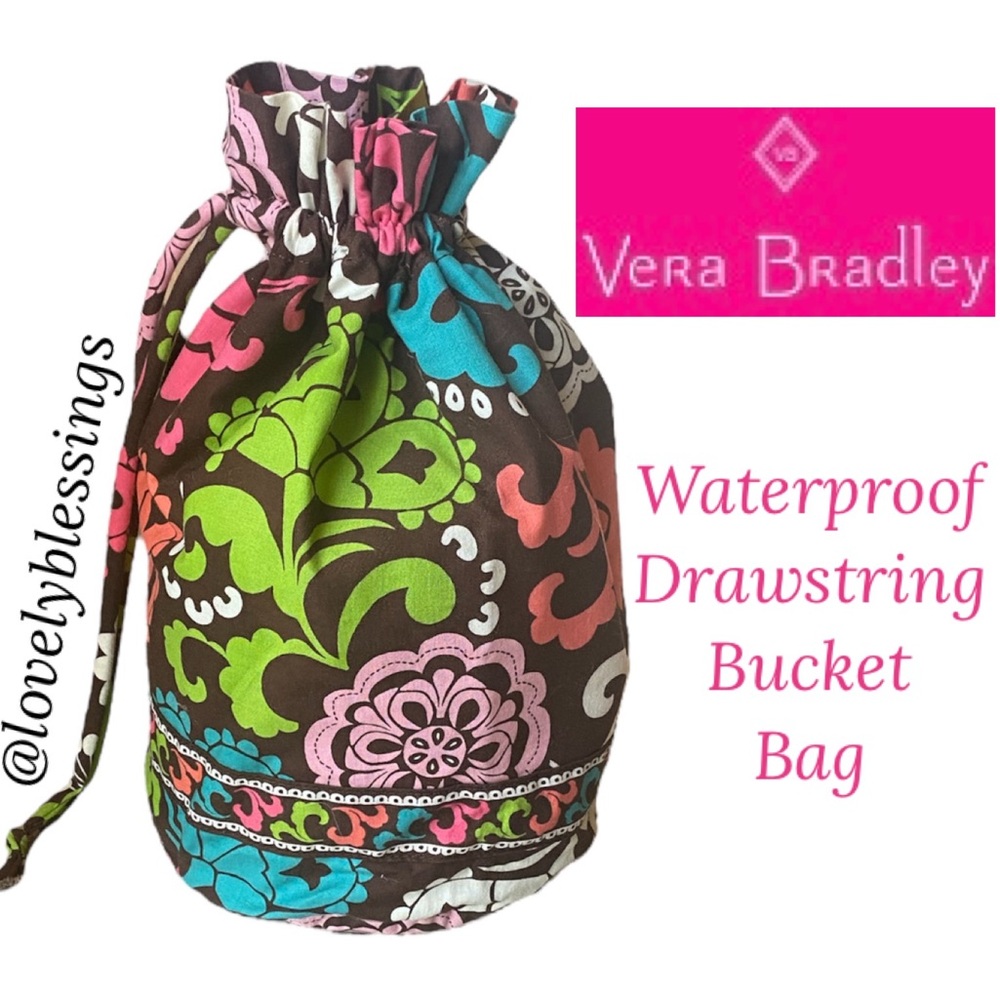 Vera Bradley Drawstring Bucket Bag Floral Waterproof Interior Brown Blue Pink - Picture 7 of 7